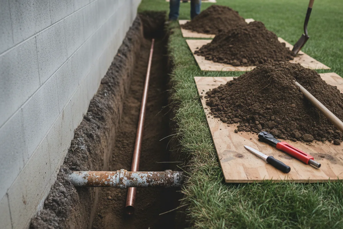 Excavated water line trench during Water Softener Installation in Yuma